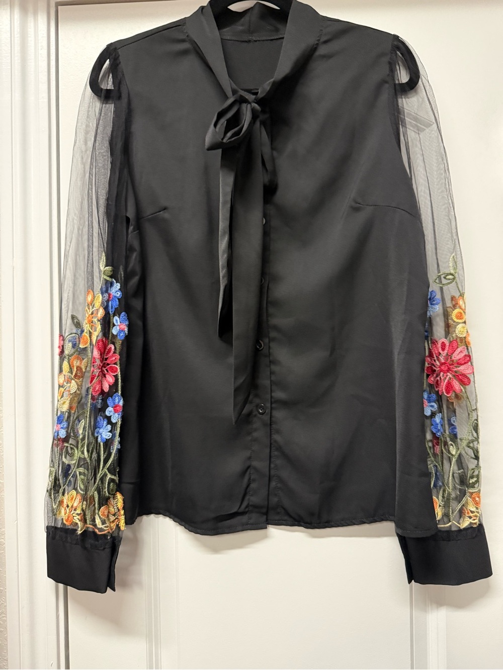 Black Sheer Mesh Floral Embroidered Sleeve Tie Neck Blouse Large